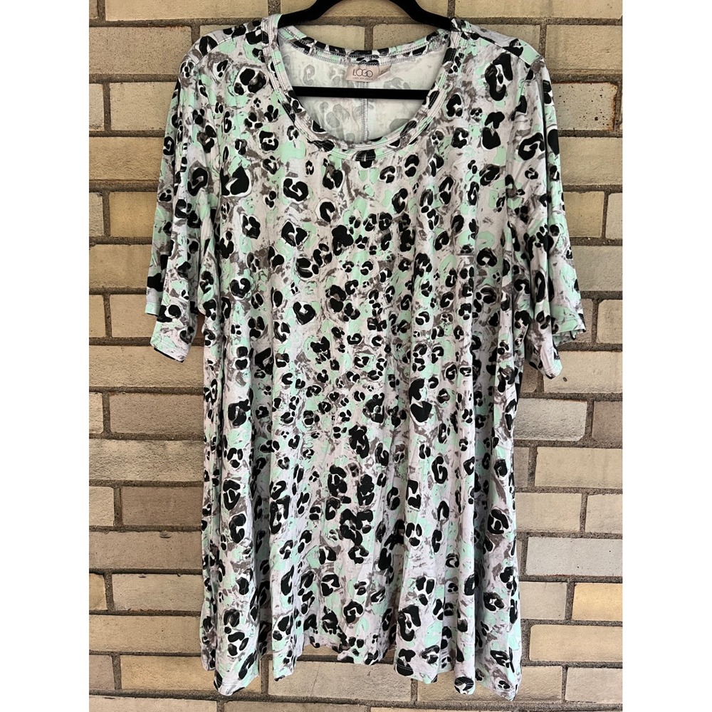 LOGO Lori Goldstein Leopard Print Pockets Tunic Top Mint Gray Black Plus Size 3X